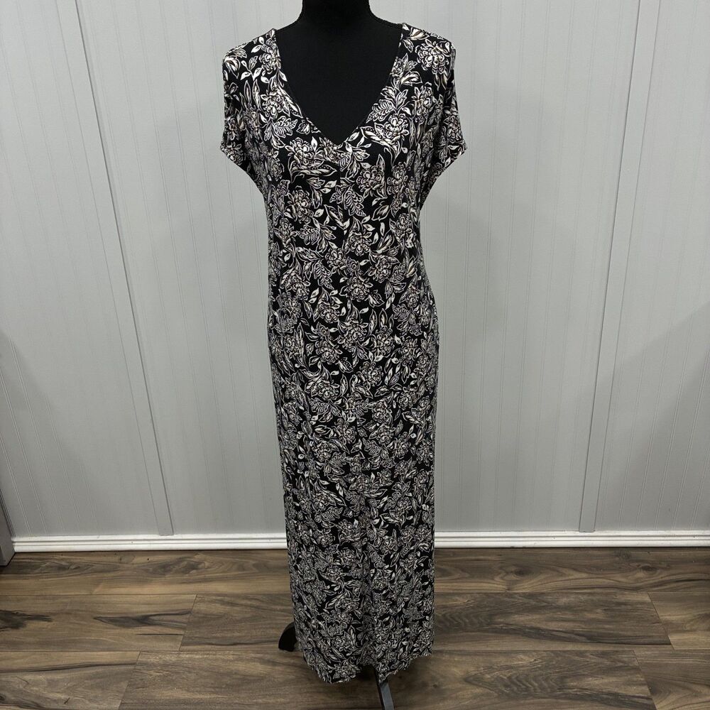 J. Jill Women's XL Tall Black Floral Short Sleeve Maxi Dress Stretch Comfort